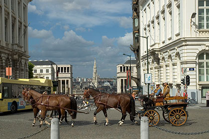 Un char tiré par des cheveaux, sur la place Royale, à Bruxelles.