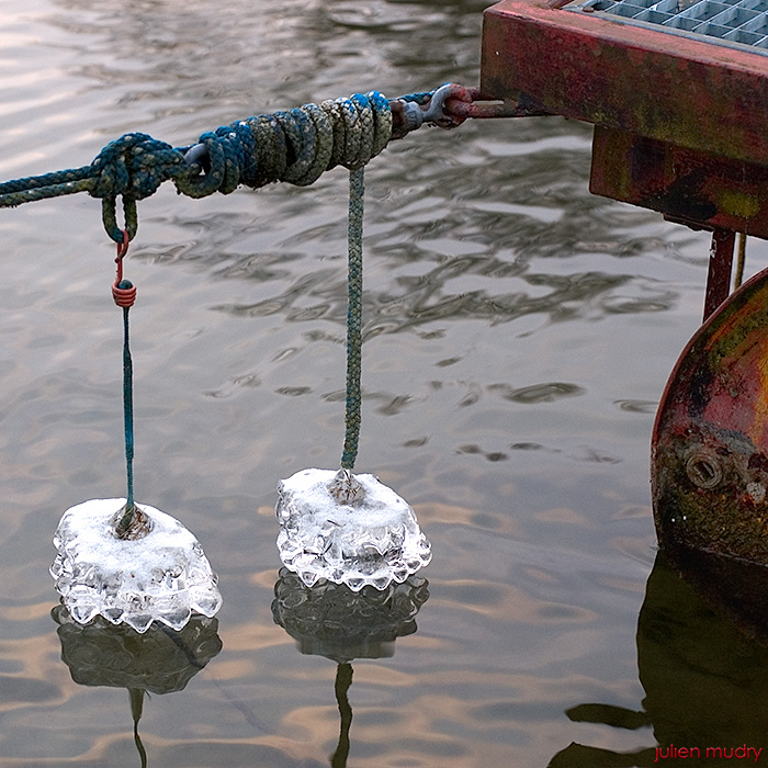 Deux « méduses » de glace accrochées à des cordes.