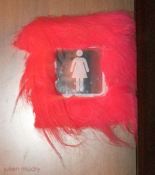 Un symbole de toilettes pour femmes, entouré de boa rose.